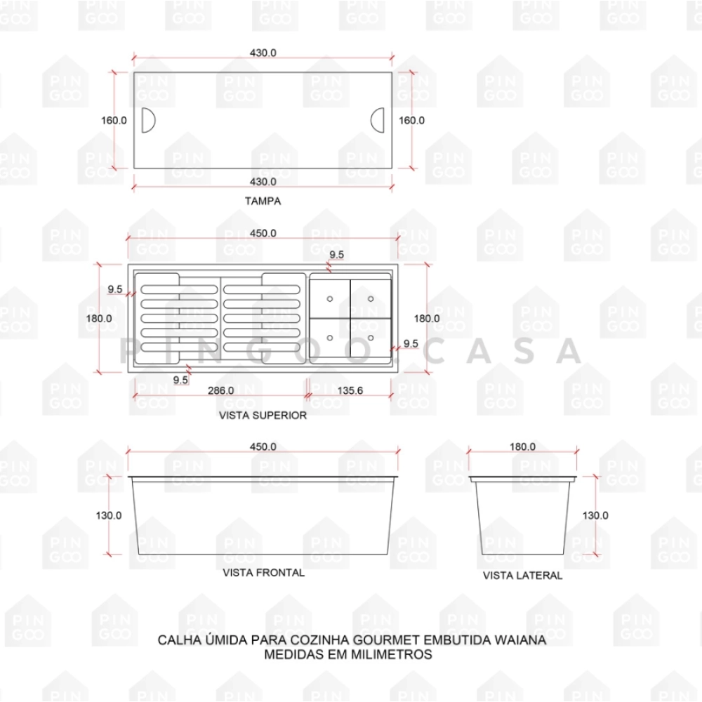 Kit Cuba Gourmet Terena 44x44cm e Calha Waiana Embutida 45x18 cm Preto Aço Inox 304
