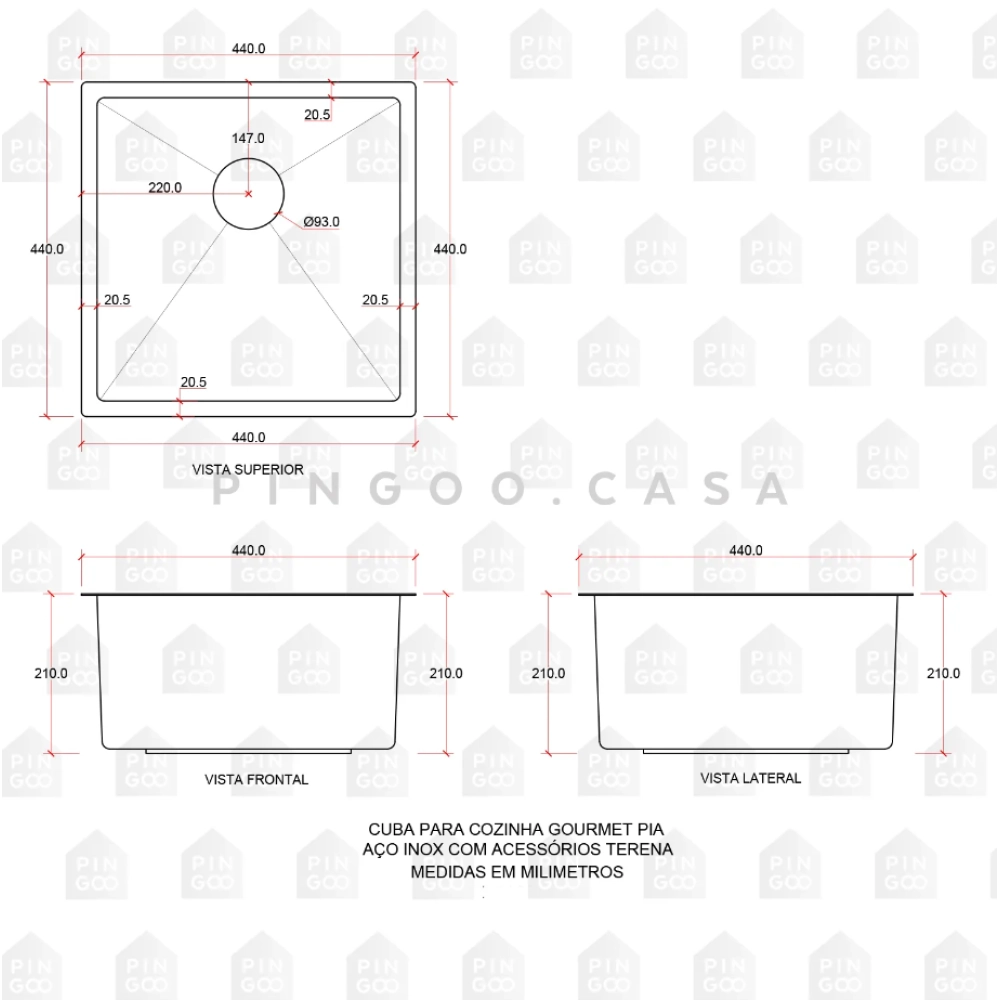 Kit Cuba Gourmet Terena 44x44cm e Calha Waiana Embutida 45x18 cm Preto Aço Inox 304