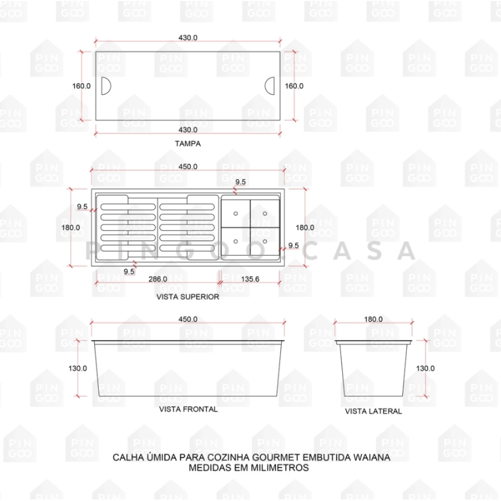 Kit Cuba Gourmet Terena 44x44cm e Calha Waiana Embutida 45x18cm Prata Aço Inox 304