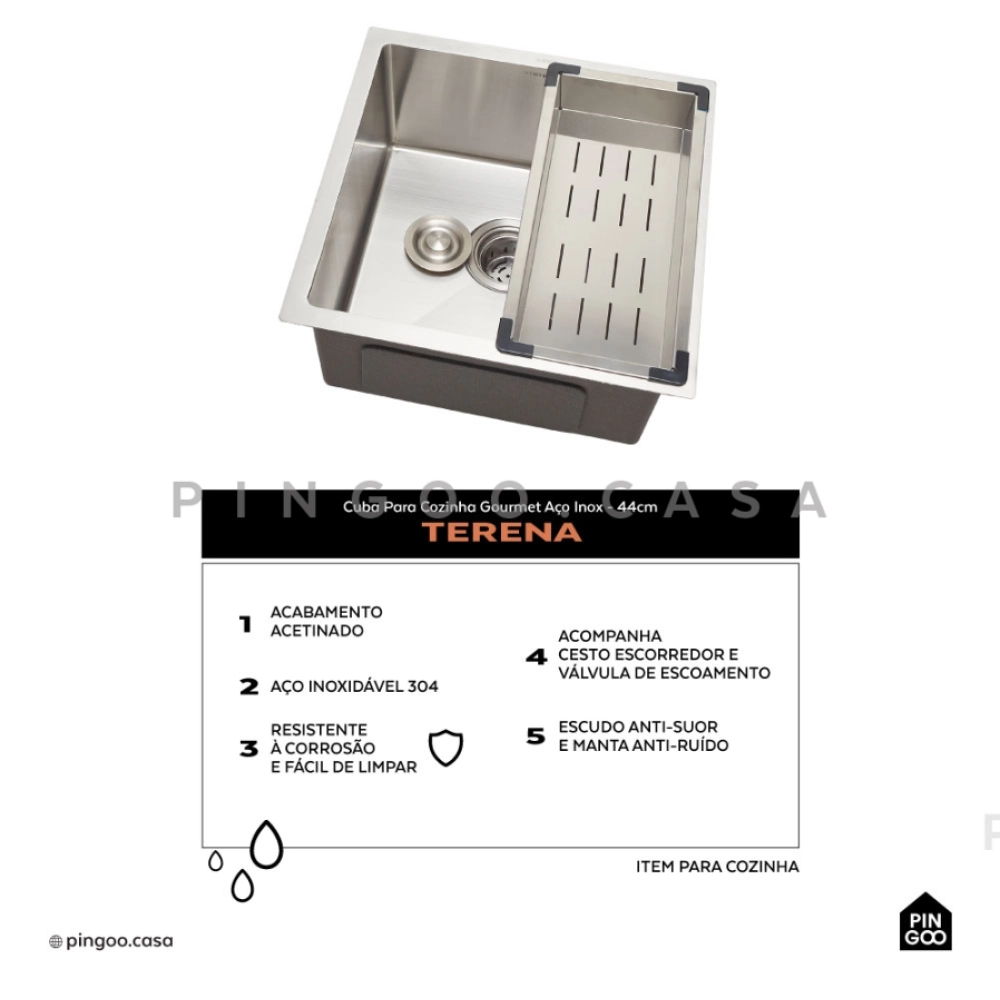 Kit Cuba Gourmet Terena 44x44cm e Calha Waiana Embutida 45x18cm Prata Aço Inox 304