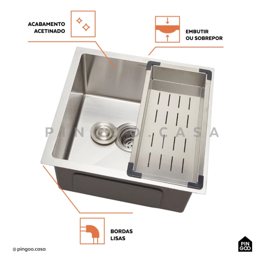 Kit Cuba Gourmet Terena 44x44cm e Calha Waiana Embutida 45x18cm Prata Aço Inox 304