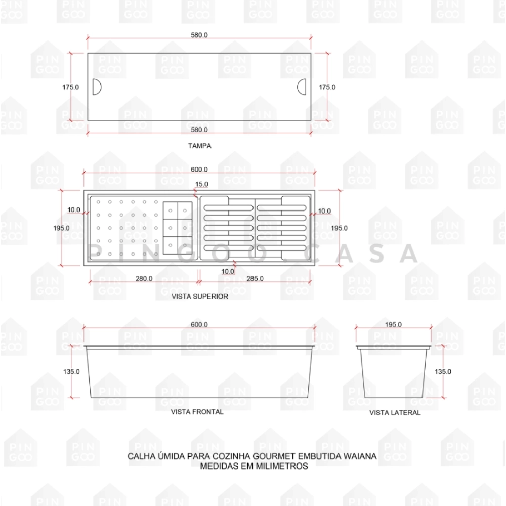 Kit Cuba Gourmet Terena 58x45cm e Calha Waiana Embutida 60x19cm Prata Aço Inox 304