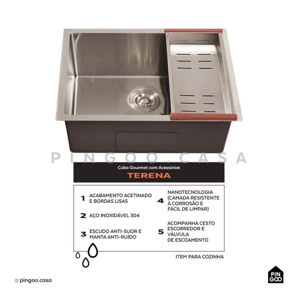 Kit Cuba Gourmet Terena 58x45cm e Calha Waiana Embutida 60x19cm Prata Aço Inox 304