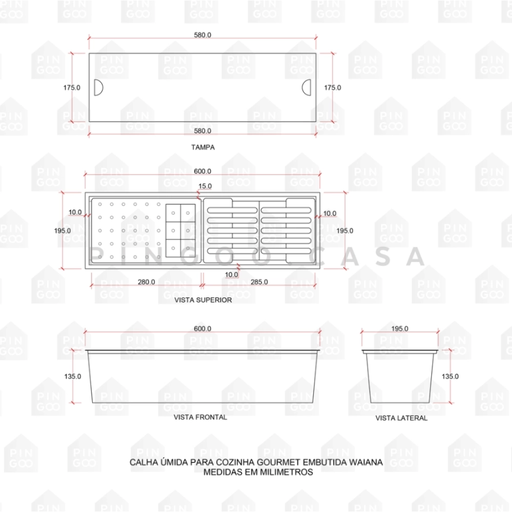 Kit Cuba Gourmet Terena 58x45cm e Calha Waiana Embutida 60x19cm Preto Aço Inox 304
