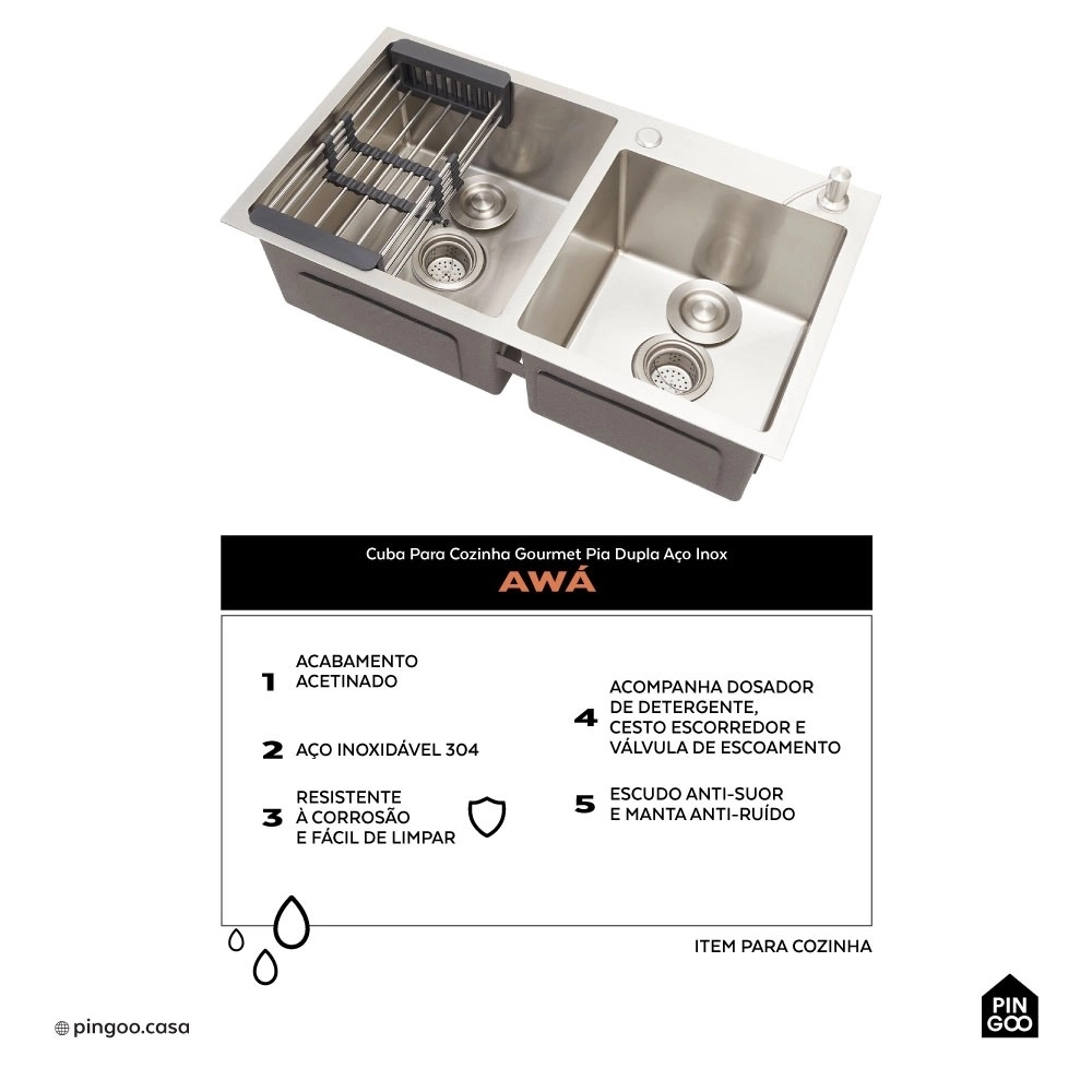 Kit Cuba para Cozinha Awá e Torneira Misturador Monocomando em Aço Inox Iriri - Prata