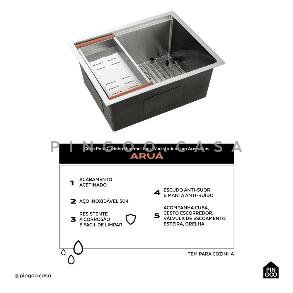 Kit Cuba para Cozinha Gourmet com Acessórios Aruá e Torneira para Cozinha Misturador Monocomando Iriri - Prata