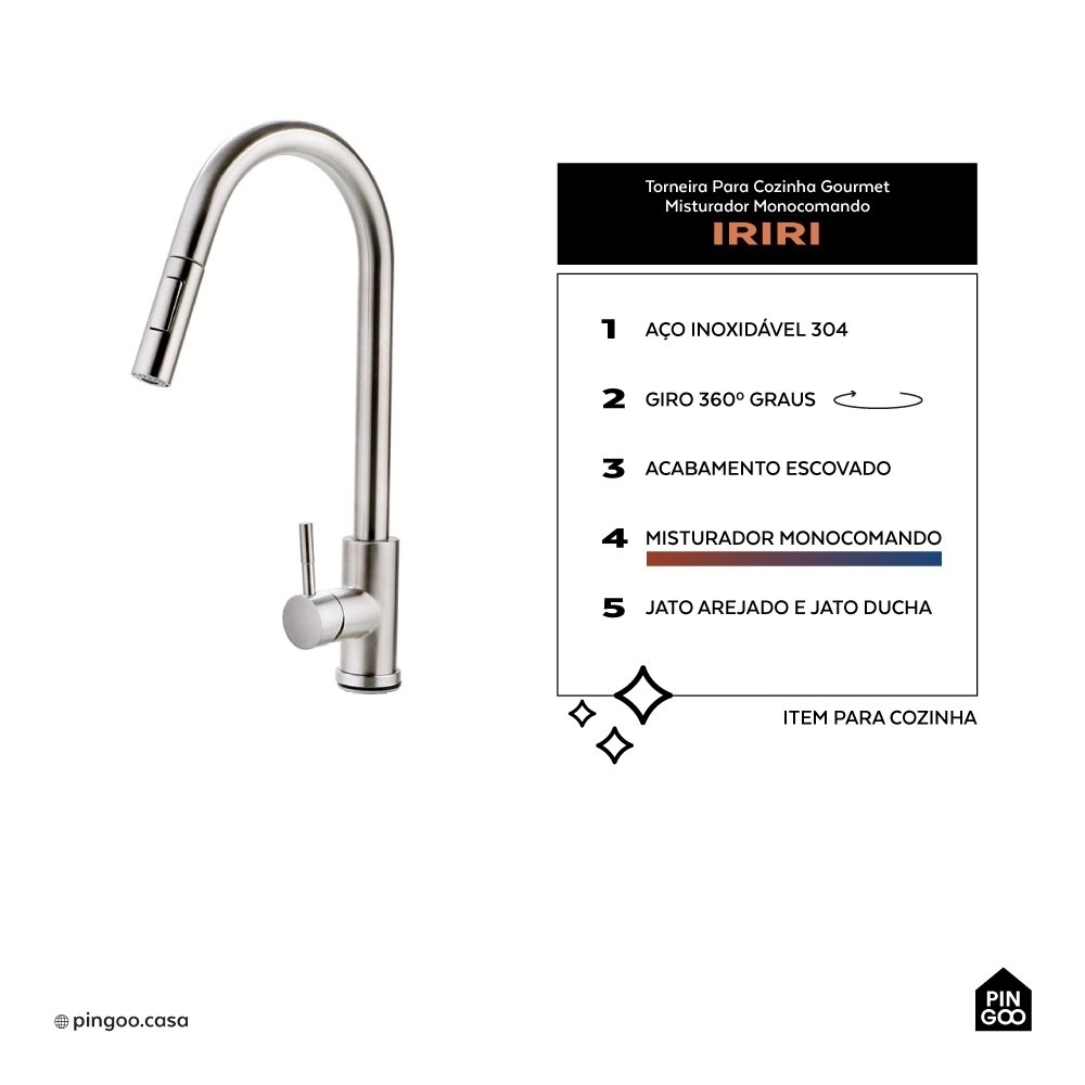 Kit Cuba para Cozinha Gourmet com Acessórios Aruá e Torneira para Cozinha Misturador Monocomando Iriri - Prata