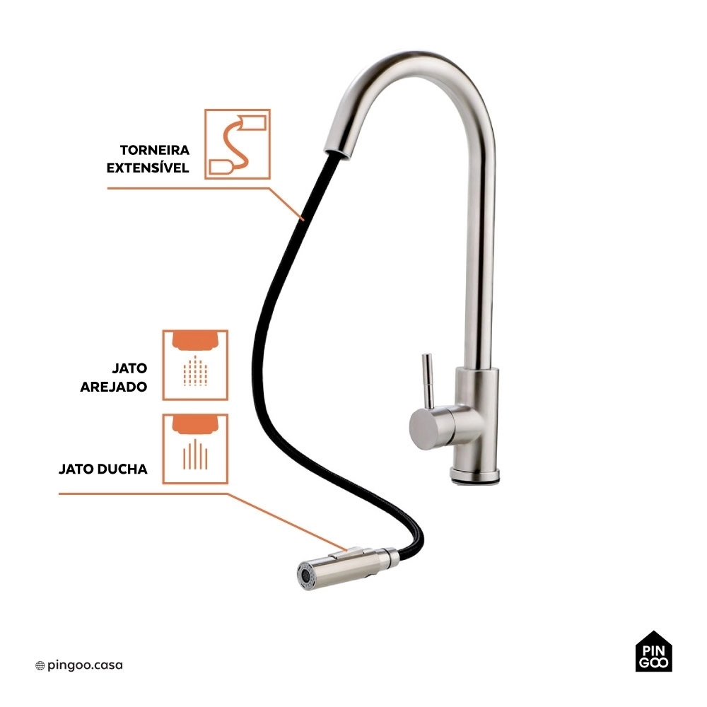 Kit Cuba para Cozinha Gourmet com Acessórios Aruá e Torneira para Cozinha Misturador Monocomando Iriri - Prata