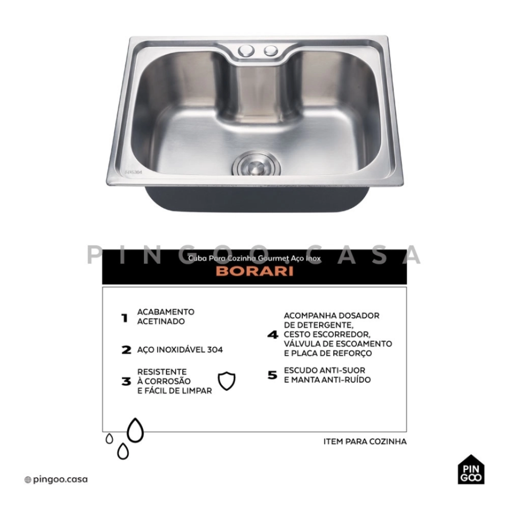 Kit Cuba para Cozinha Gourmet Pia Aço Inox 304 com Acessórios Tábua de Corte Borari e Torneira Gourmet Munim Prata