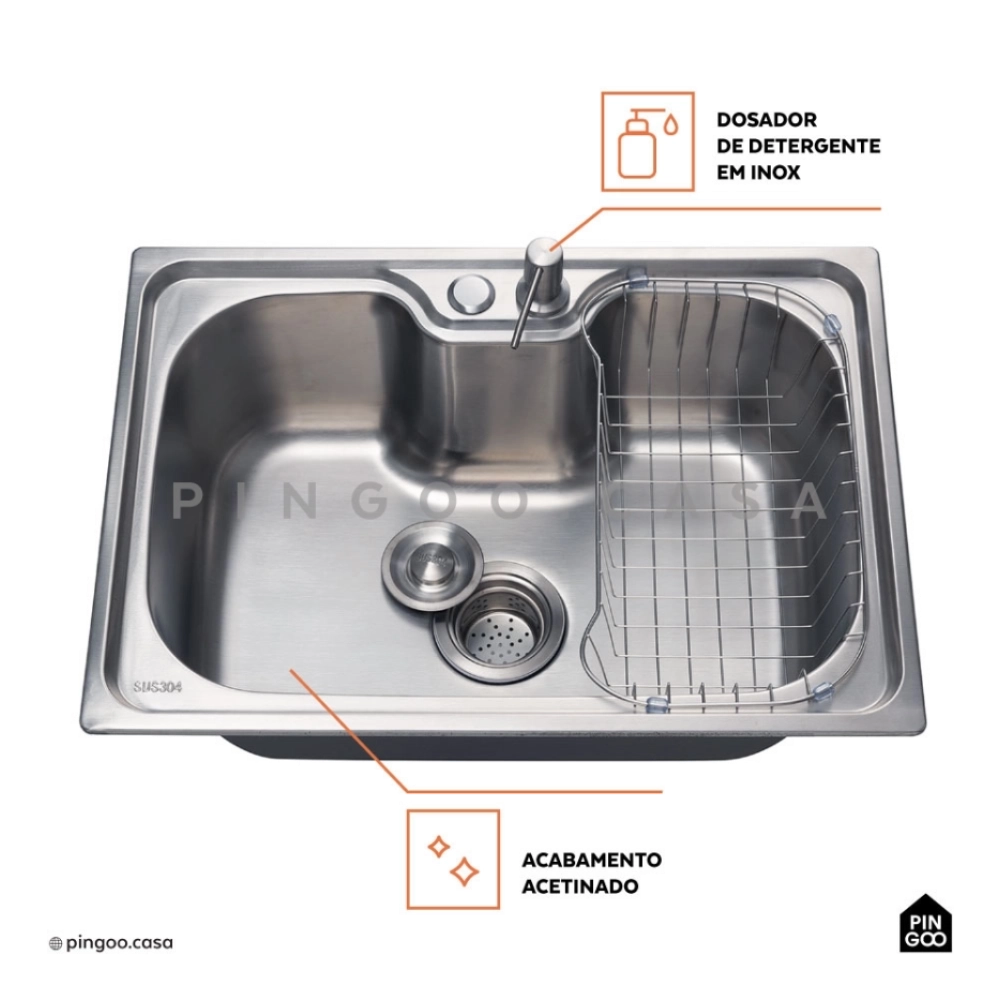 Kit Cuba para Cozinha Gourmet Pia Aço Inox 304 com Acessórios Tábua de Corte Borari e Torneira Gourmet Munim Prata