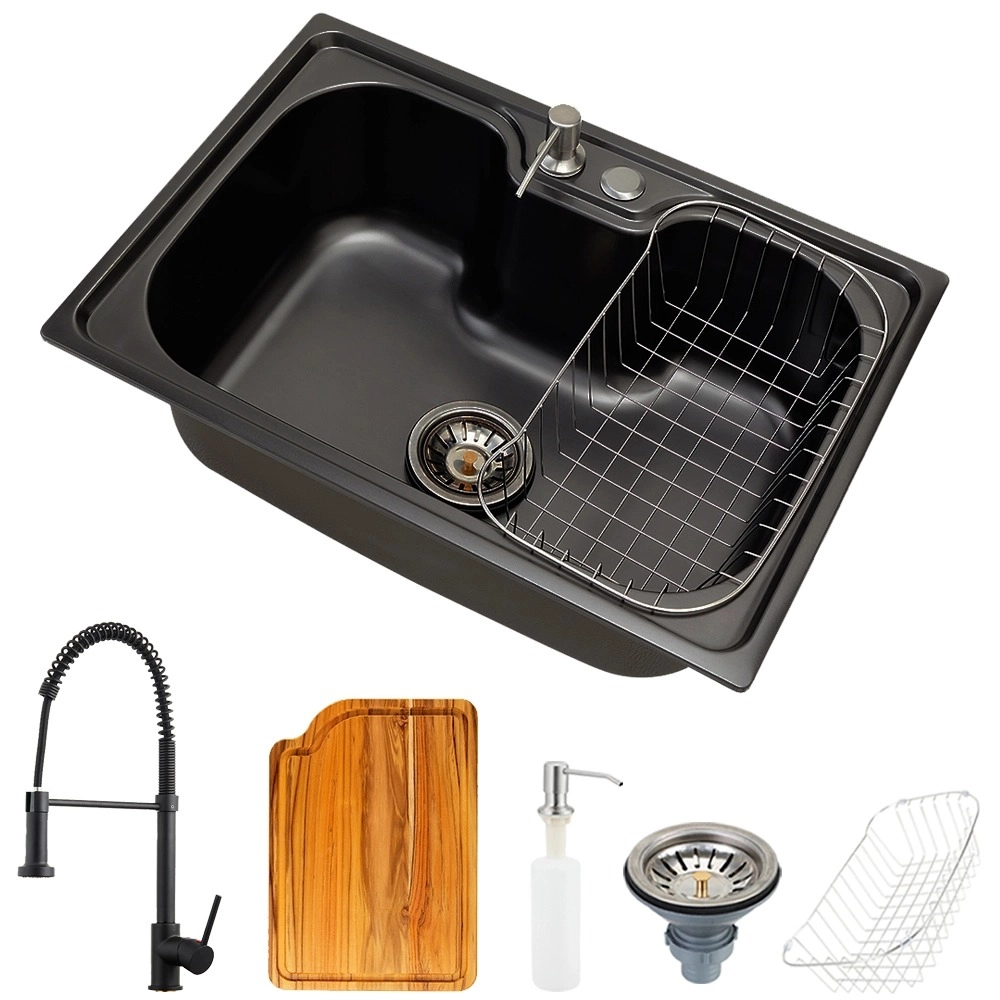 Kit Cuba para Cozinha Gourmet Pia Aço Inox com Acessórios e Tábua de Corte Carajás Preta e Torneira Monocomando Envira Preto