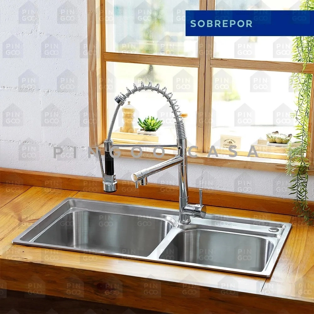 Kit Cuba para Cozinha Gourmet Pia Dupla Aço Inox com Acessórios e Tábua de Corte e Lixeira 5L Ticunas Prata