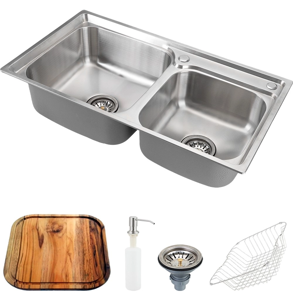 Kit Cuba para Cozinha Gourmet Pia Dupla Aço Inox com Acessórios e Tábua de Corte Ticunas Prata