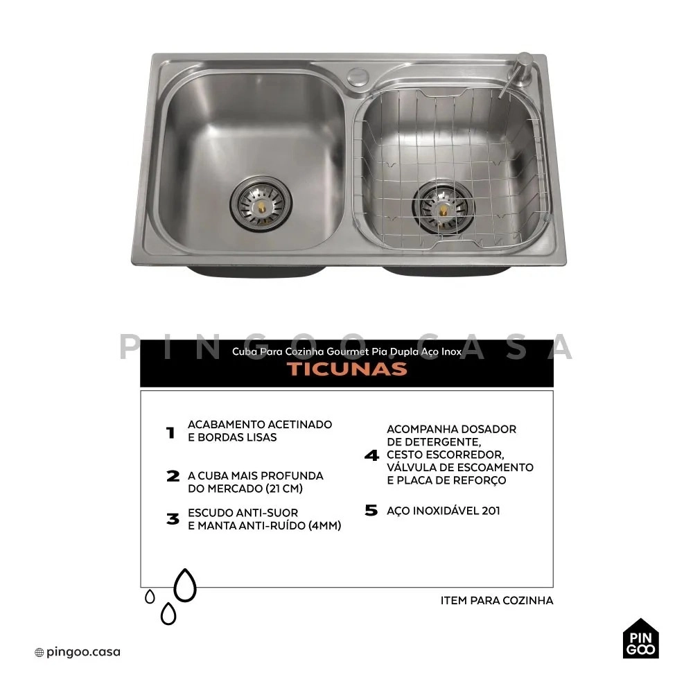 Kit Cuba para Cozinha Gourmet Pia Dupla Aço Inox com Acessórios Tábua de Corte Lixeira 5L Ticunas e Torneira Monocomando Gourmet Munim Prata