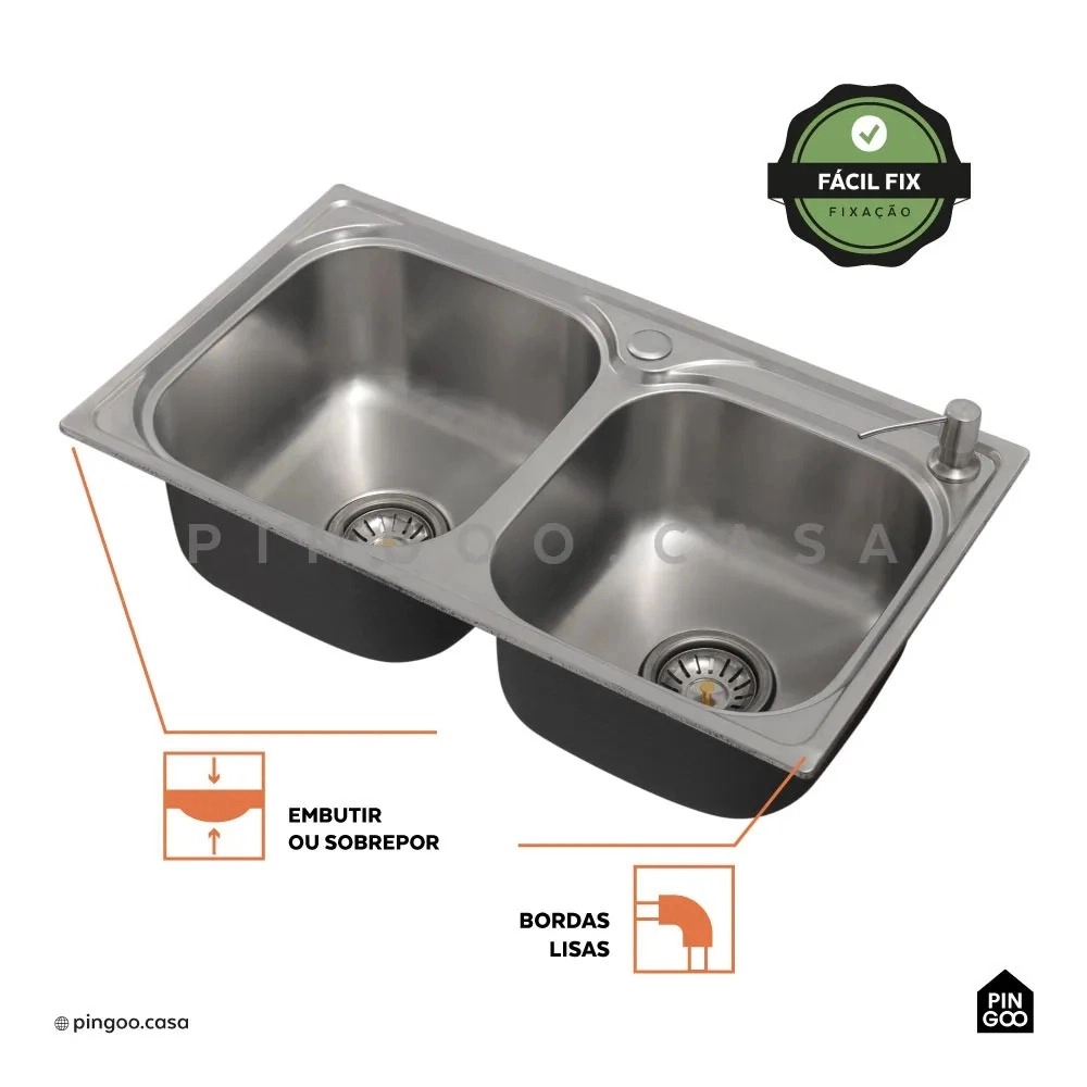 Kit Cuba para Cozinha Gourmet Pia Dupla Aço Inox com Acessórios Tábua de Corte Lixeira 5L Ticunas e Torneira Monocomando Gourmet Munim Prata