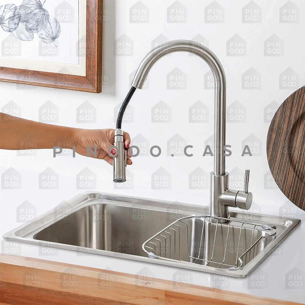 Kit Cuba para Cozinha Pia com Acessórios Matis e Torneira Monocomando Gourmet Iriri  Prata Escovado