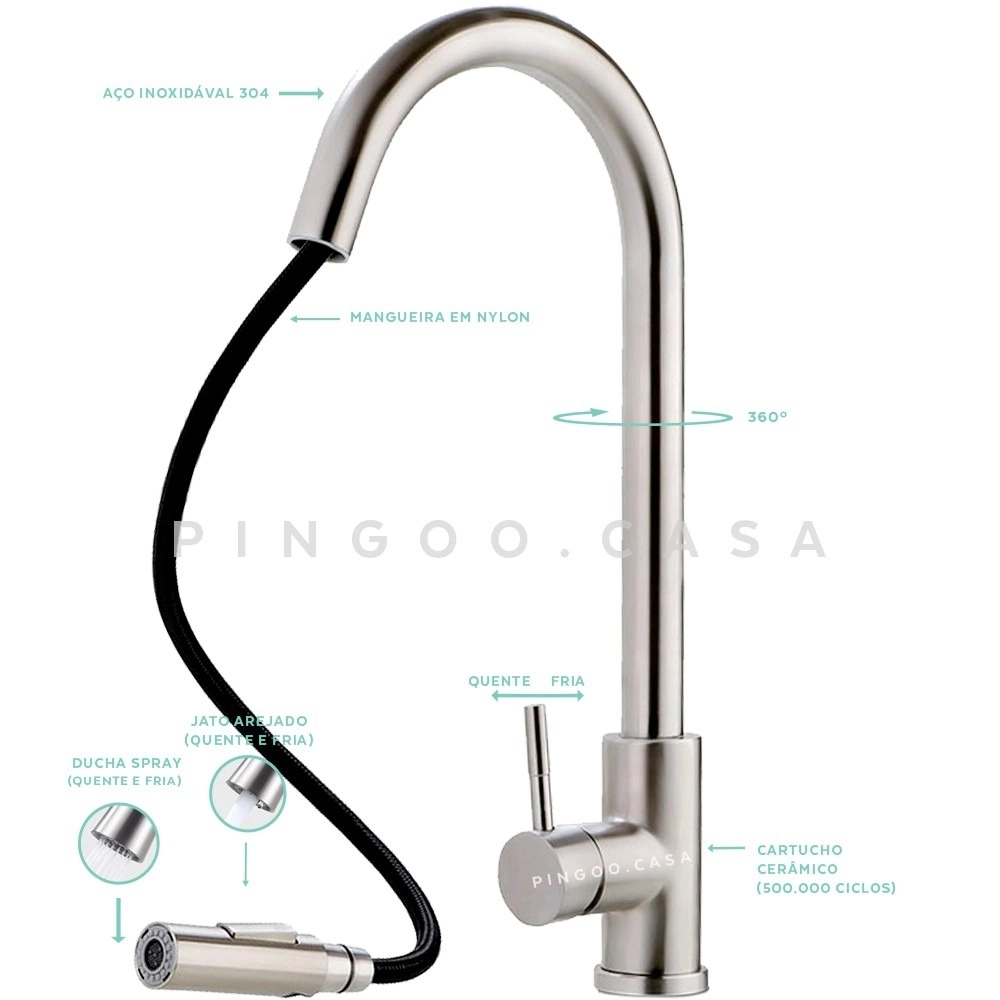 Kit Cuba para Cozinha Pia com Acessórios Matis e Torneira Monocomando Gourmet Iriri  Prata Escovado