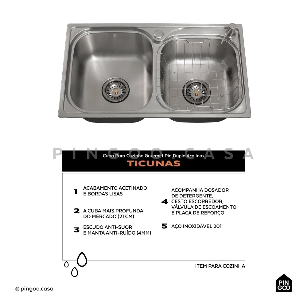Kit Cuba para Cozinha Pia Dupla com Acessórios Ticunas e Torneira Monocomando Gourmet Iriri Prata