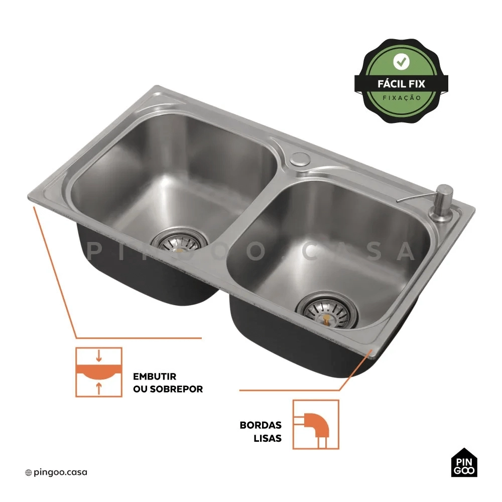 Kit Cuba para Cozinha Pia Dupla com Acessórios Ticunas e Torneira Monocomando Gourmet Iriri Prata