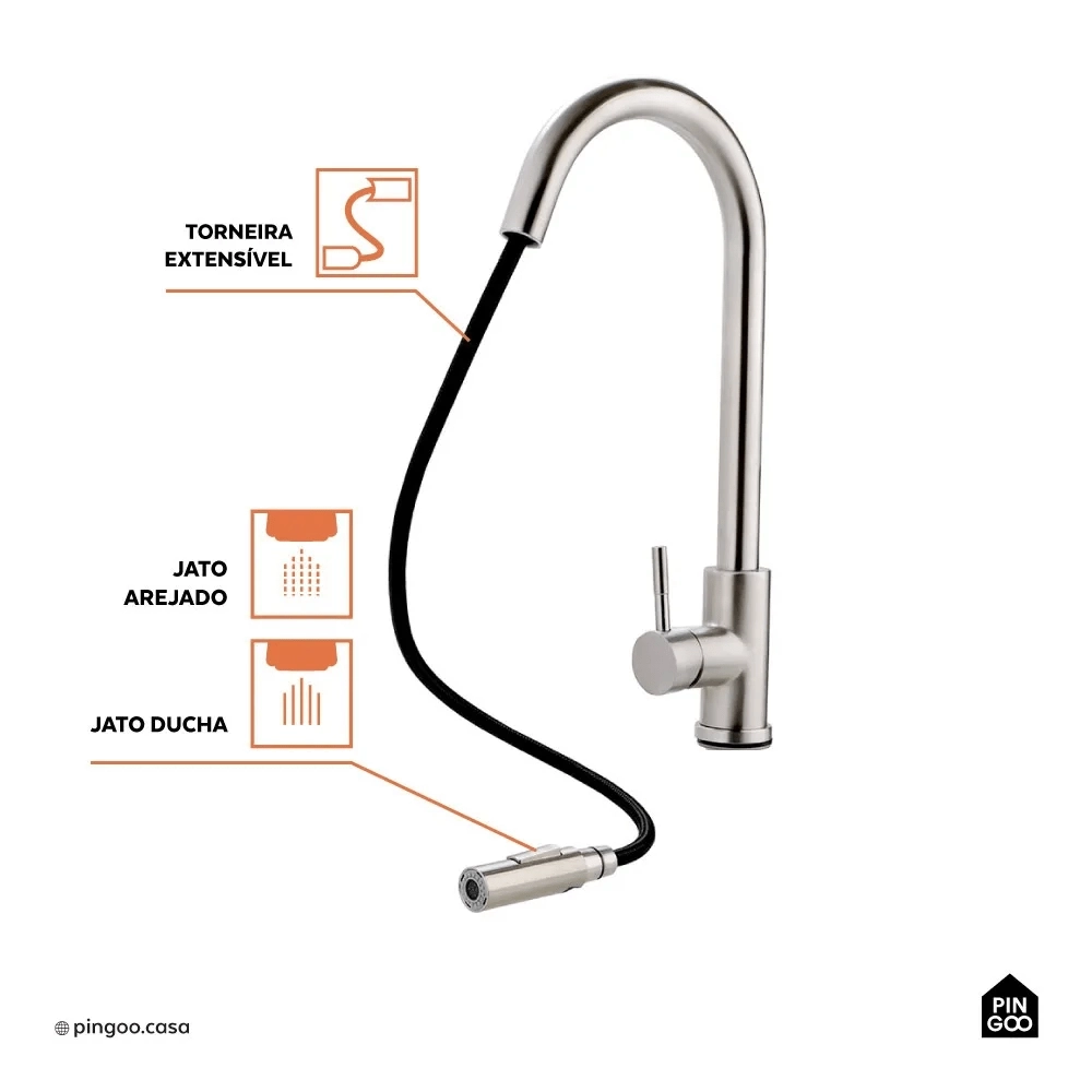 Kit Cuba para Cozinha Pia Dupla com Acessórios Ticunas e Torneira Monocomando Gourmet Iriri Prata