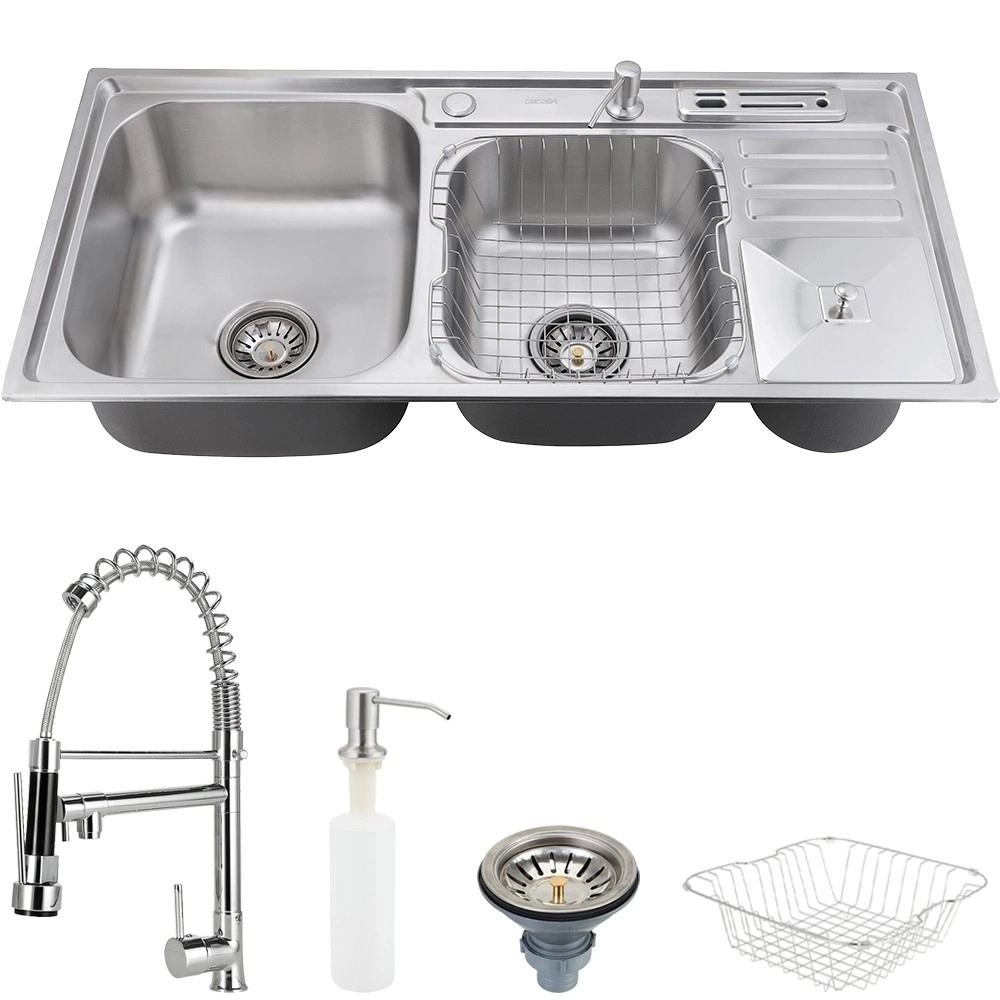 Kit Cuba para Cozinha Pia Dupla em Aço Inox com Acessórios com Lixeira Caiapós e Torneira Gourmet Munim Prata