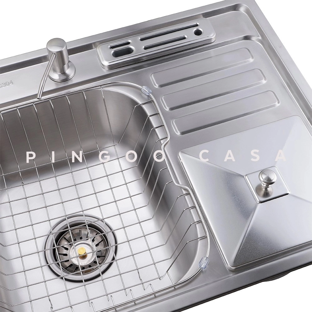 Kit Cuba para Cozinha Pia Dupla em Aço Inox com Acessórios com Lixeira Caiapós e Torneira Gourmet Munim Prata