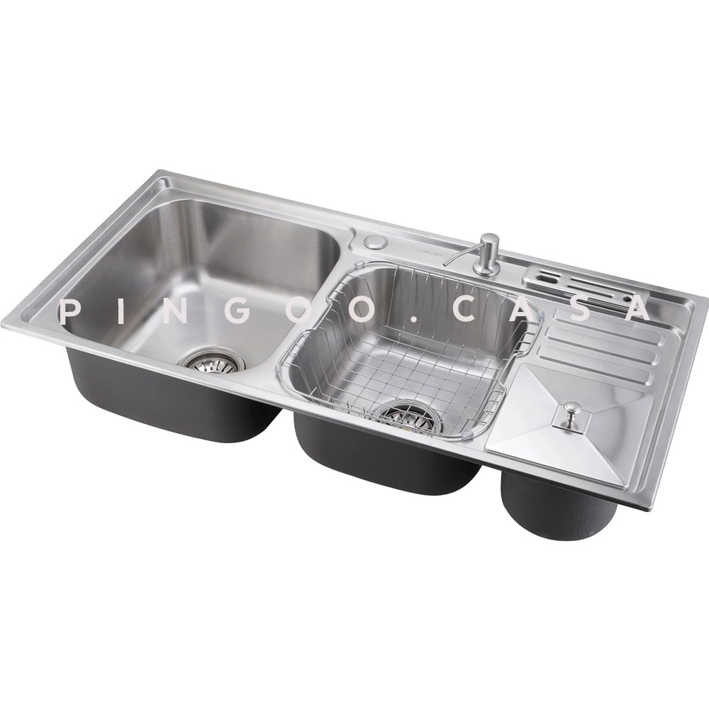 Kit Cuba para Cozinha Pia Dupla em Aço Inox com Acessórios com Lixeira Caiapós e Torneira Gourmet Munim Prata