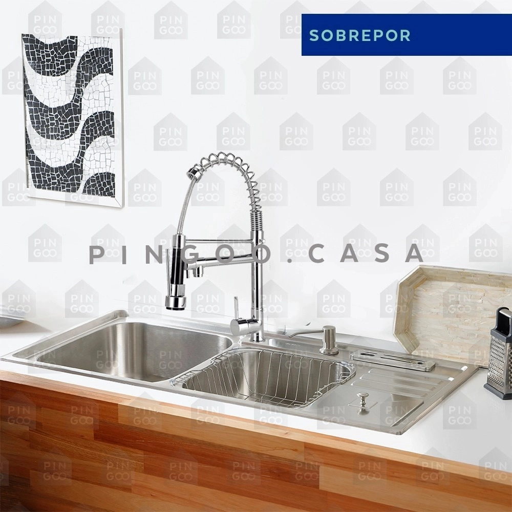 Kit Cuba para Cozinha Pia Dupla em Aço Inox Nukini com Acessórios Lixeira e Tábua de Corte e Torneira Gourmet Munim Prata