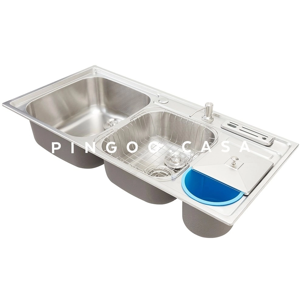 Kit Cuba para Cozinha Pia Dupla em Aço Inox Nukini com Acessórios Lixeira e Tábua de Corte e Torneira Gourmet Munim Prata