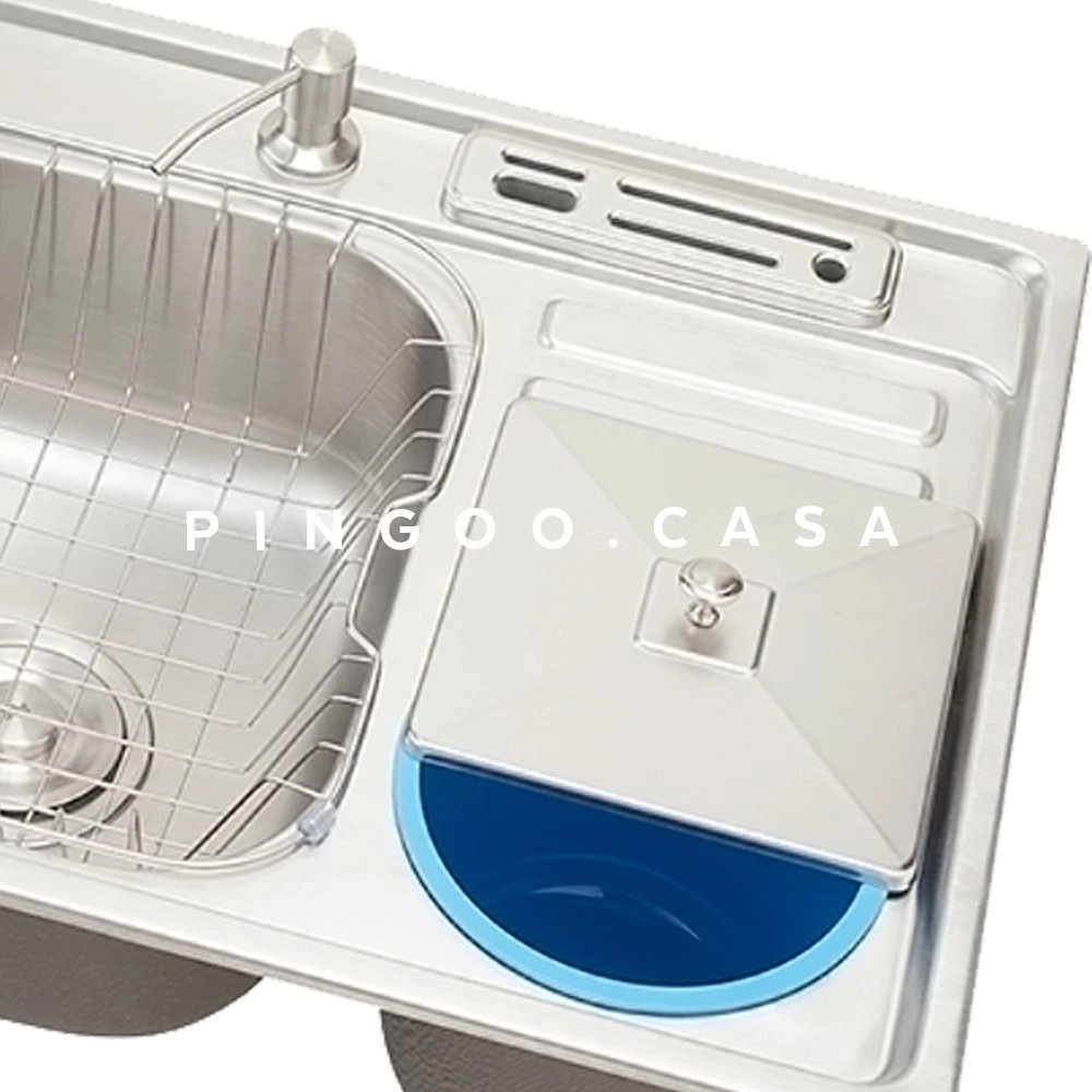 Kit Cuba para Cozinha Pia Dupla em Aço Inox Nukini com Acessórios Lixeira e Tábua de Corte e Torneira Gourmet Munim Prata