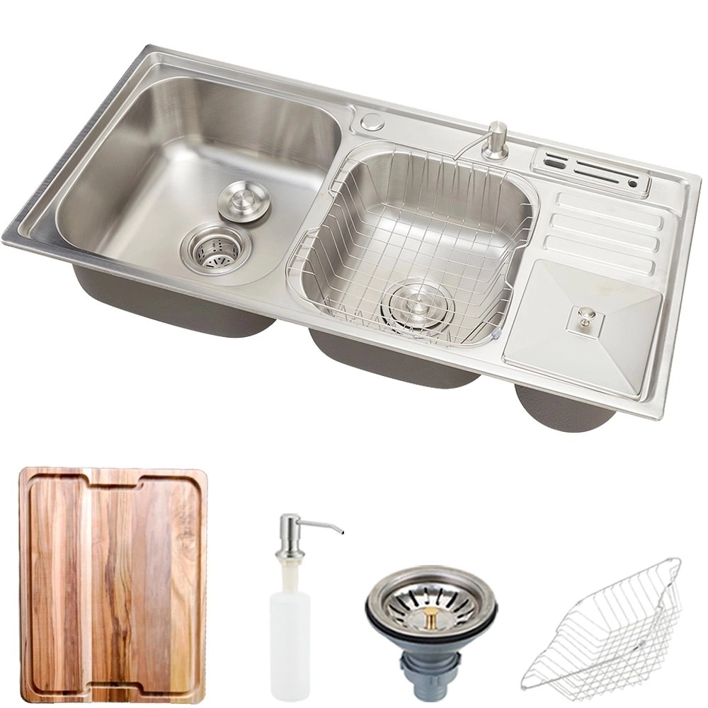 Kit Cuba para Cozinha Pia Dupla em Aço Inox Nukini com Acessórios Lixeira e Tábua de Corte Prata