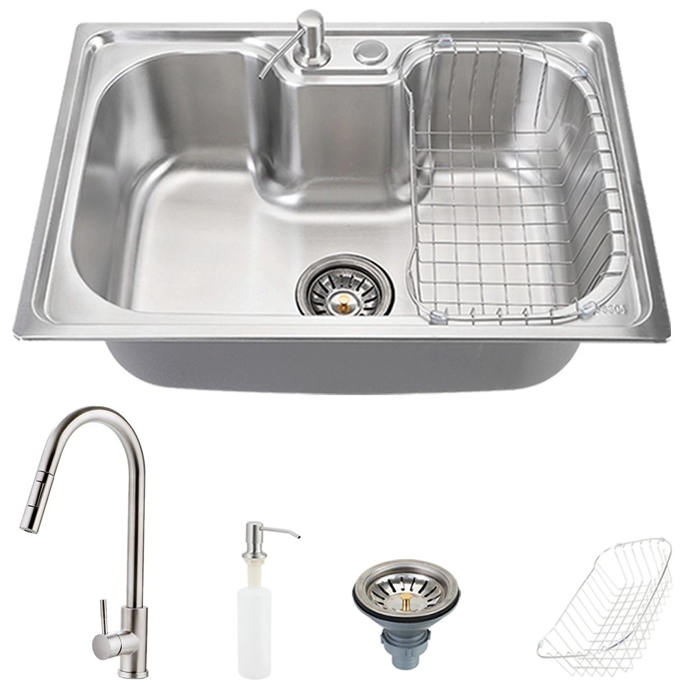 Kit Cuba para Cozinha Pia Inox com Acessórios Carajás e Torneira Gourmet Monocomando Extensível riri Prata Escovado