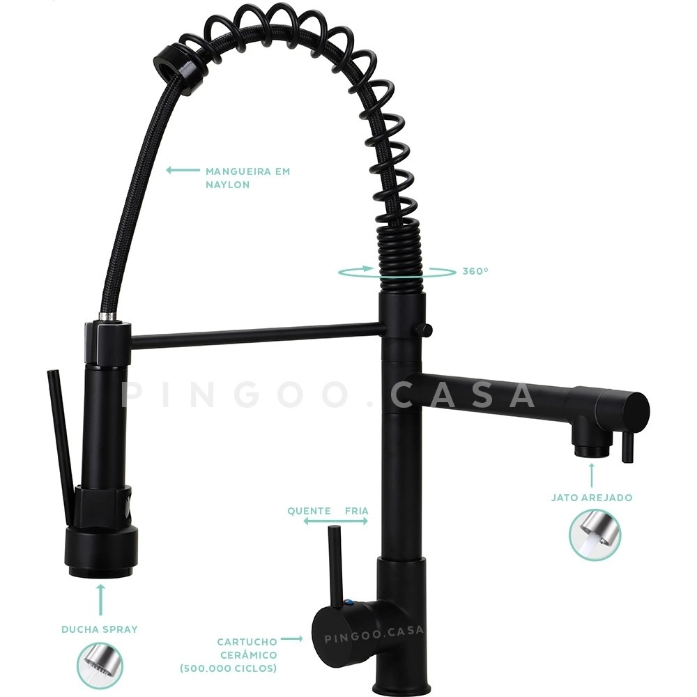 Kit Cuba para Cozinha Pia Inox Com Acessórios e Tábua Carajás e Torneira Gourmet Monocomando Munim - Prata e Preto