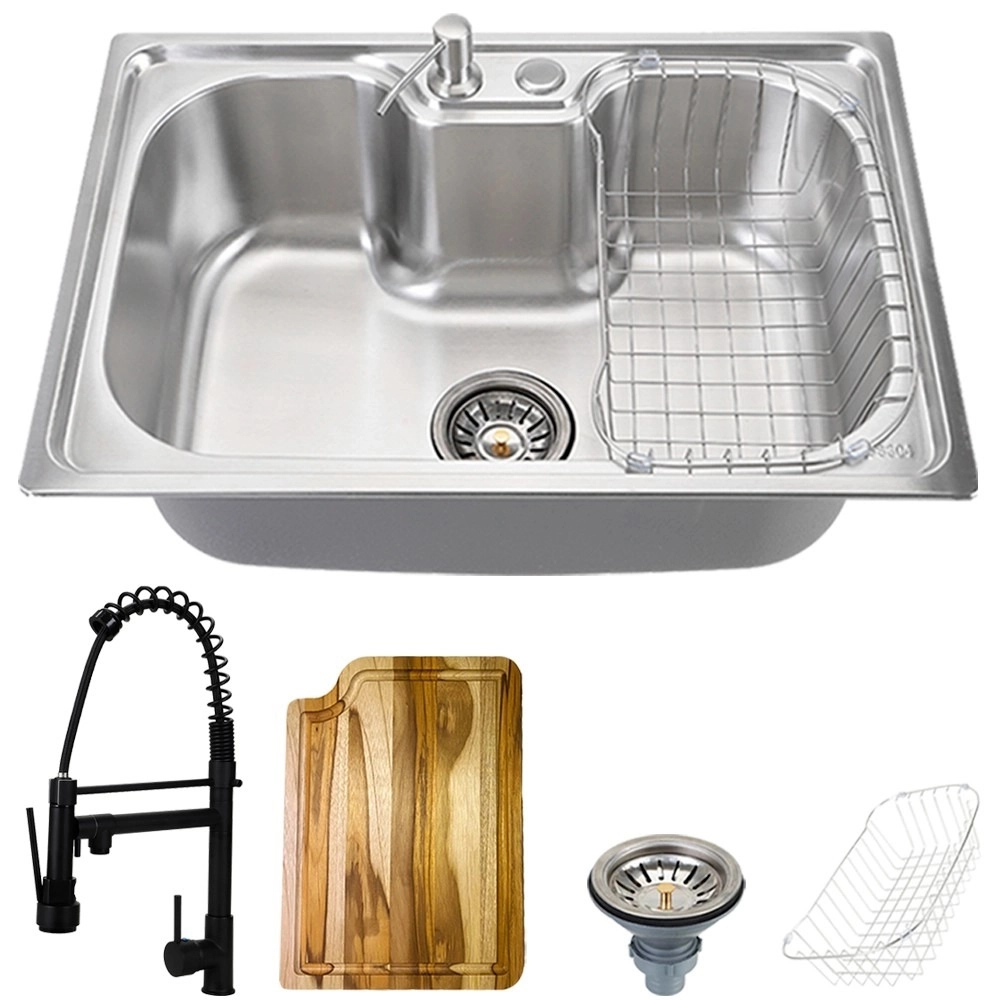 Kit Cuba para Cozinha Pia Inox Com Acessórios e Tábua Carajás e Torneira Gourmet Monocomando Munim - Prata e Preto