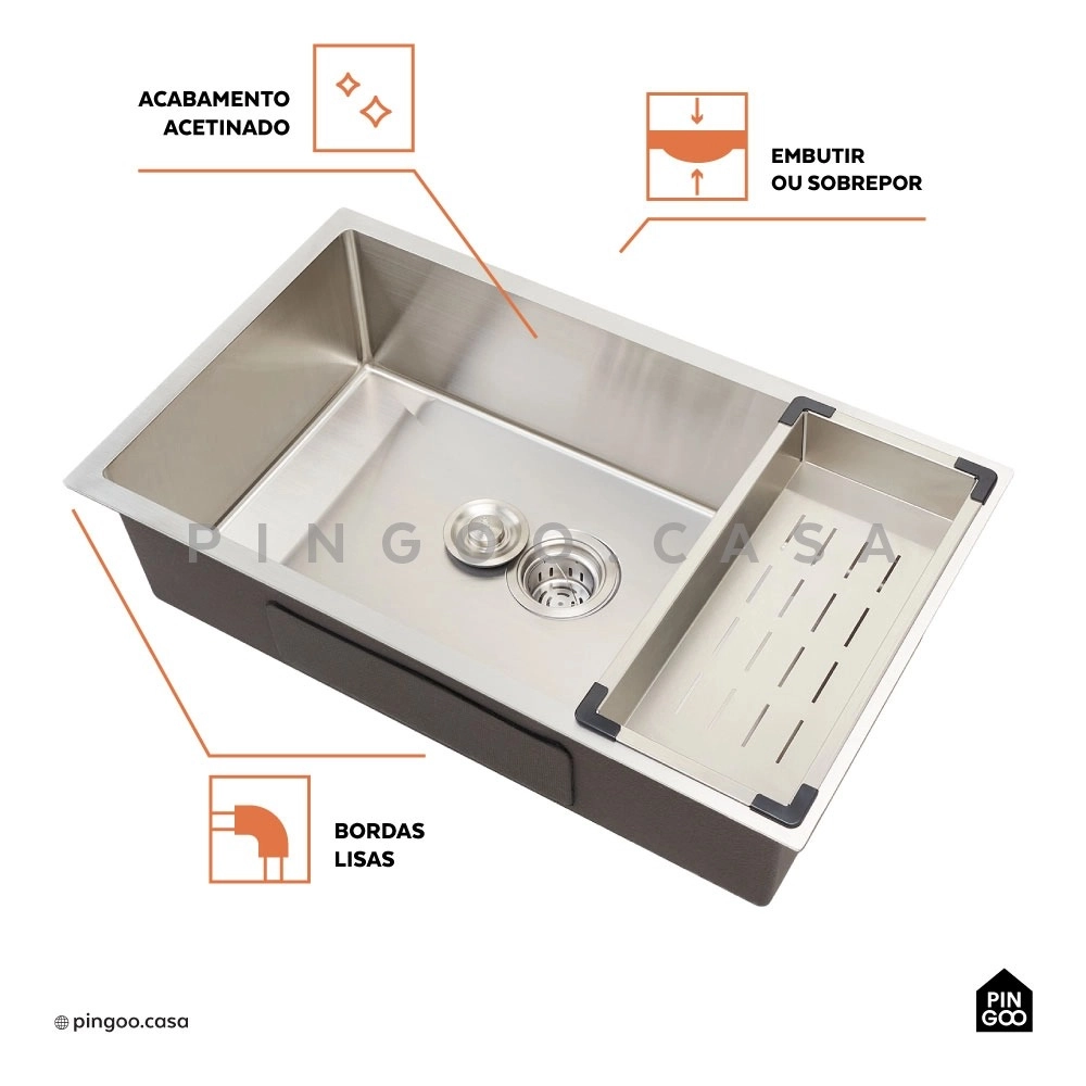 Kit Cuba para Cozinha Terena 74 cm e Torneira Misturador Monocomando em Aço Inox Iriri - Prata