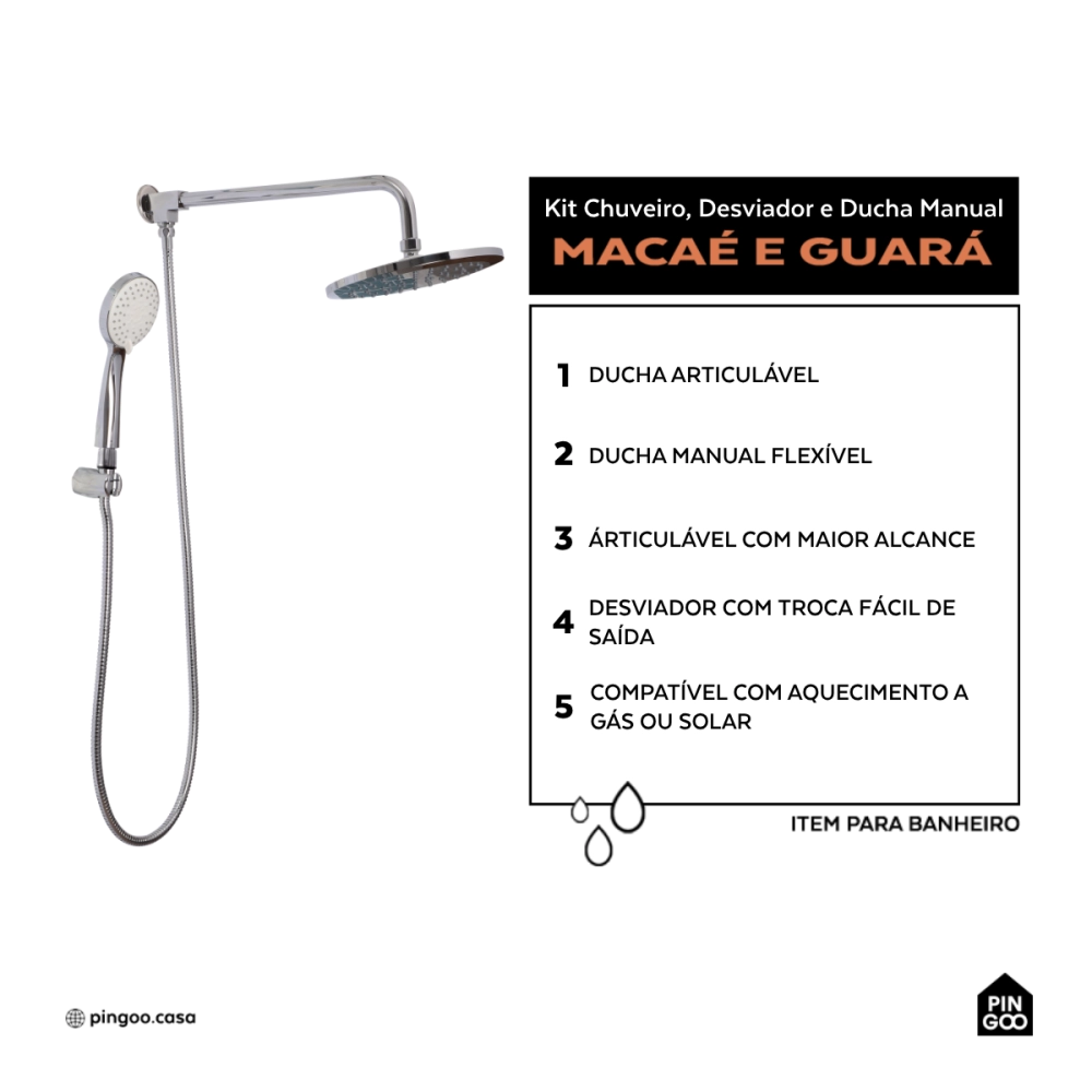 Kit Chuveiro Redondo de Parede Macaé com Desviador Mundaú e Ducha Manual Guará Pingoo.casa - Prata