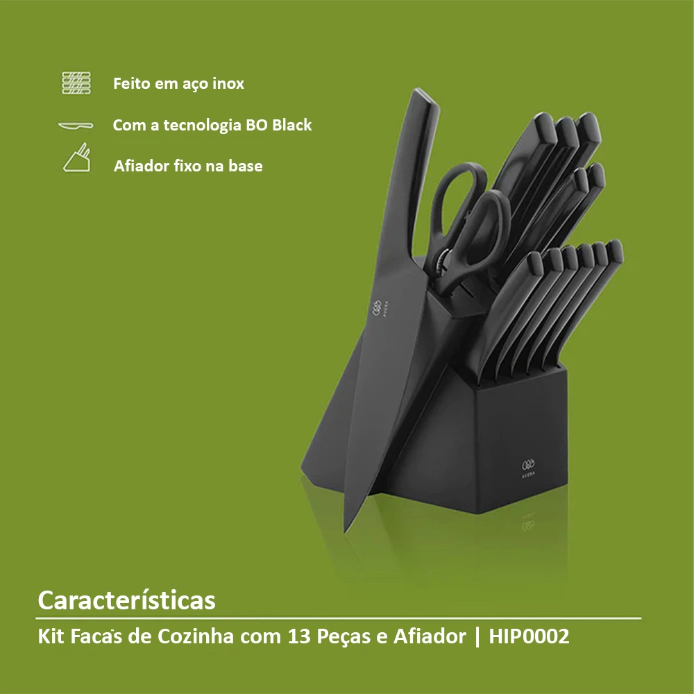 Kit Facas de Cozinha com 13 Peças e Afiador Avera