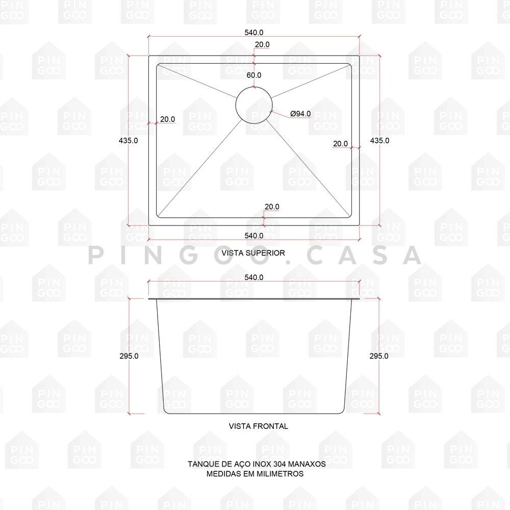 Kit Tanque Aço Inox 304 e Tábua de Apoio Manaxos Prata