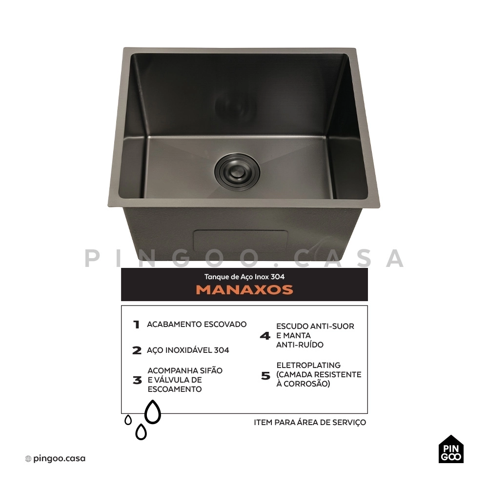 Kit Tanque Aço Inox 304 e Tábua de Apoio Manaxos Preto