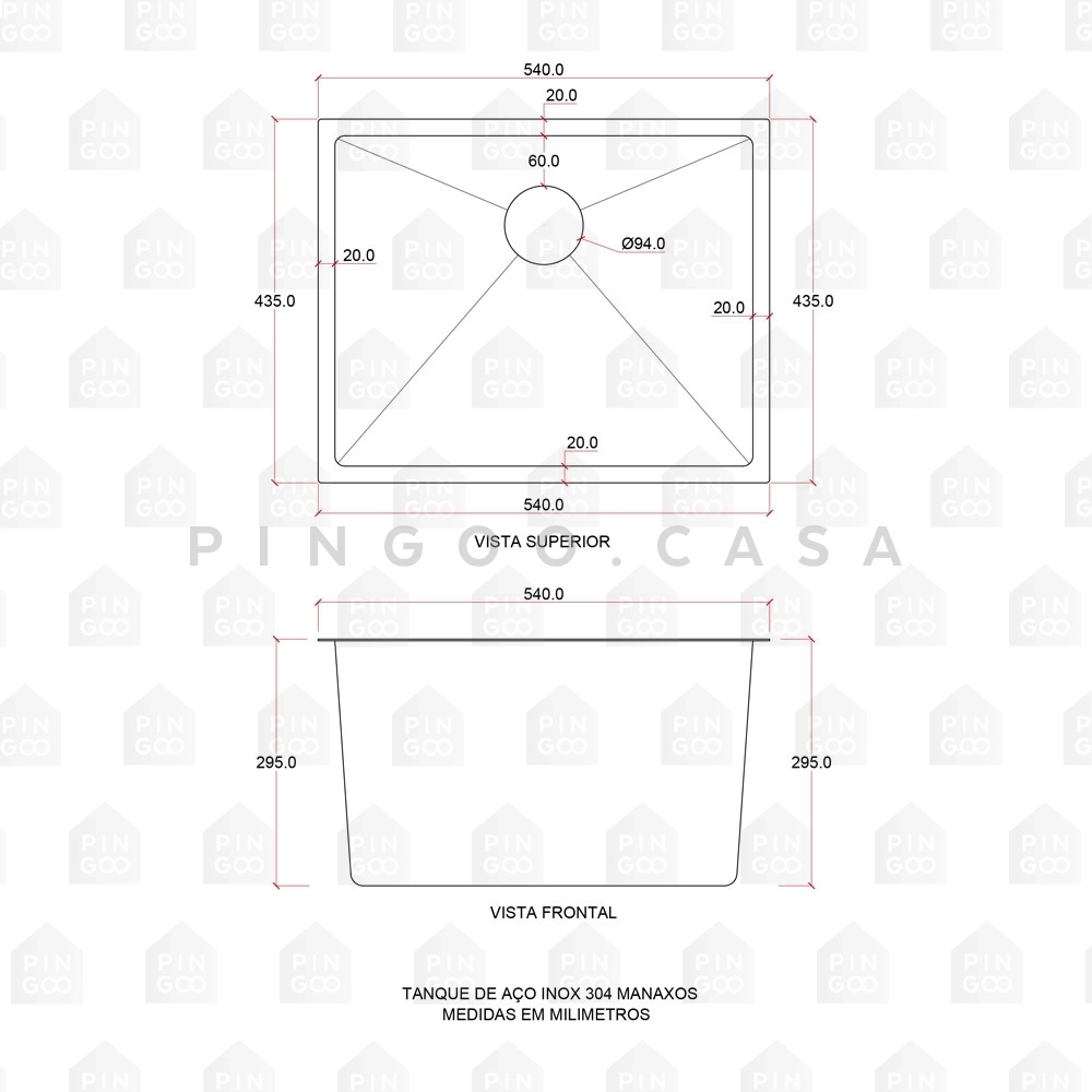 Kit Tanque Aço Inox 304 e Tábua de Apoio Manaxos Preto