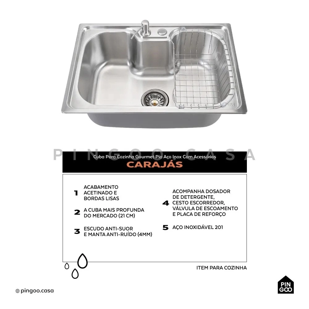 Kit Tanque Aço Inox e Kit Cuba Para Cozinha Carajás Prata