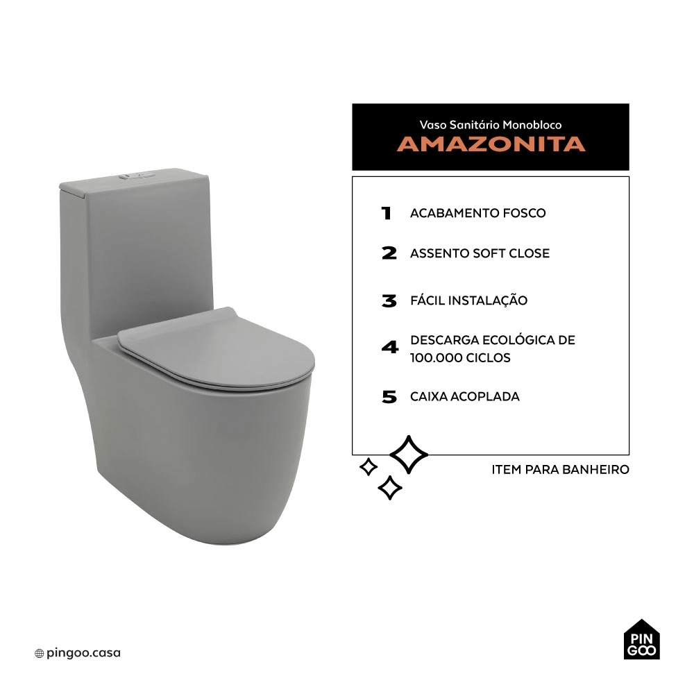 Kit Vaso Sanitário Monobloco Amazonita e Ducha Higiênica para Banheiro Jacuí - Cinza e Prata