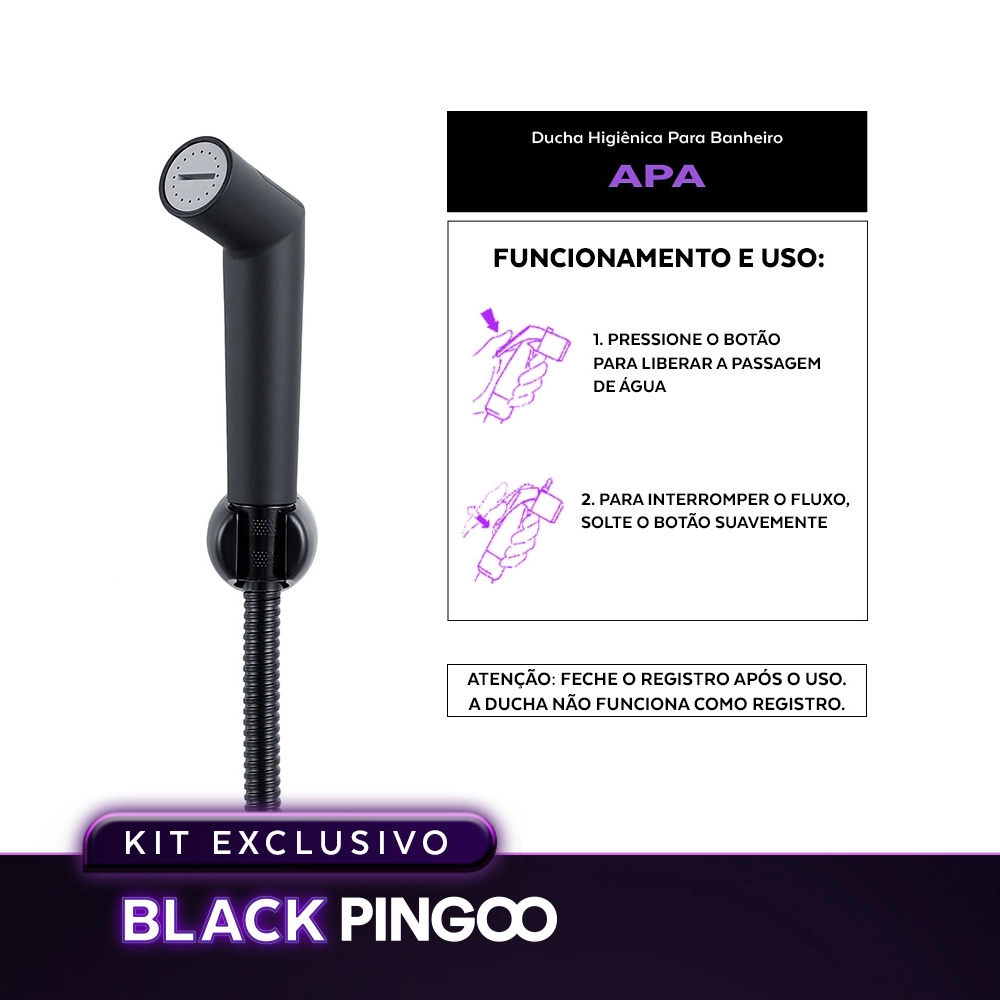 Kit Vaso Sanitário Convencional Tanzanita Branco e Ducha Manual Apa Pingoo.casa - Branco e Preto