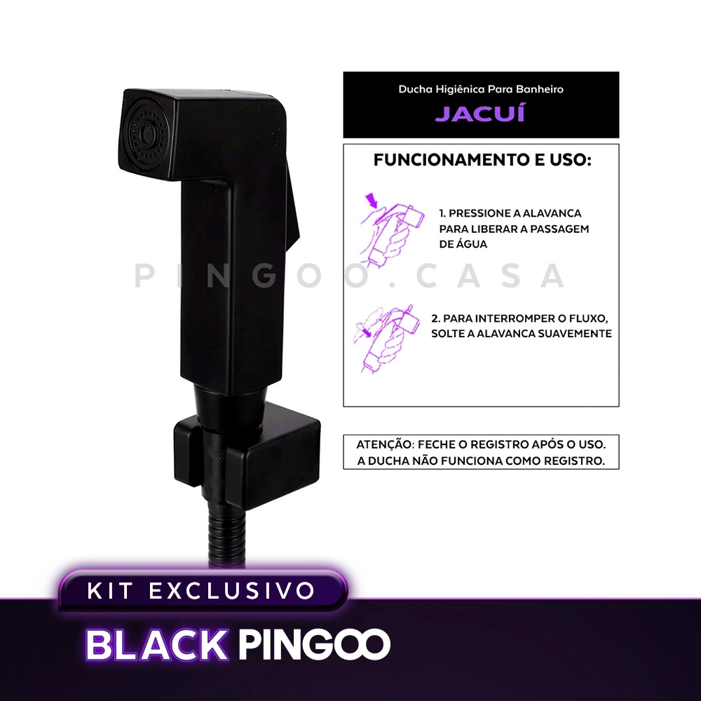 Kit Vaso Sanitário Convencional Tanzanita Branco e Ducha Manual Jacuí Pingoo.casa - Branco e Preto