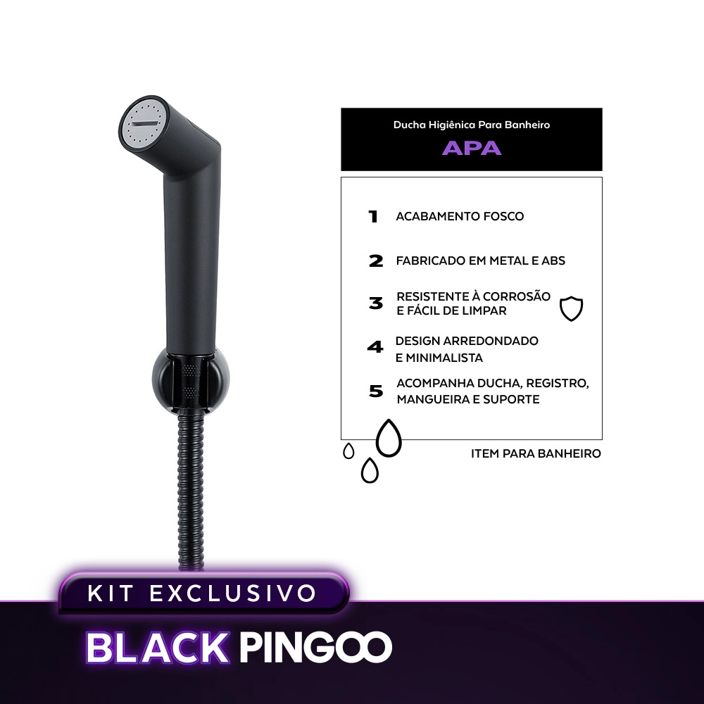 Kit Vaso Sanitário Convencional Turmalina Branco e Ducha Manual Apa Pingoo.casa - Branco e Preto