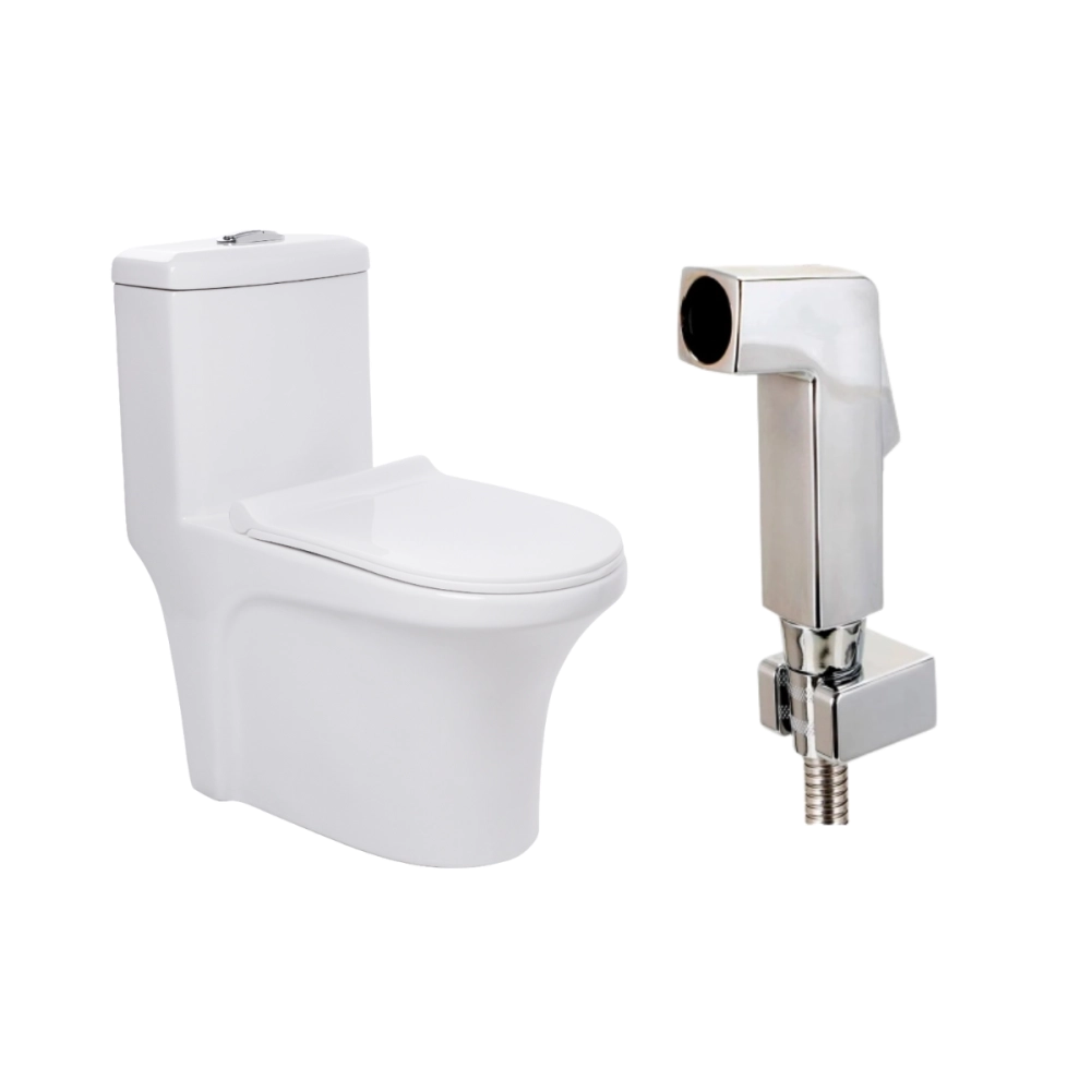 Kit Vaso Sanitário Monobloco Caixa Acoplada Barita e Ducha Manual Jacuí Pingoo.casa - Branco e Prata