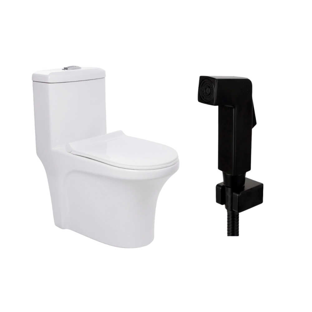 Kit Vaso Sanitário Monobloco Caixa Acoplada Barita e Ducha Manual Jacuí Pingoo.casa - Branco e Preto Kit Vaso Sanitário Monobloco Caixa Acoplada Barita e Ducha Manual Jacuí Pingoo.casa - Branco e Preto