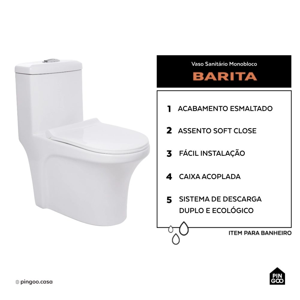 Kit Vaso Sanitário Monobloco Caixa Acoplada Barita e Ducha Manual Jacuí Pingoo.casa - Branco e Preto Kit Vaso Sanitário Monobloco Caixa Acoplada Barita e Ducha Manual Jacuí Pingoo.casa - Branco e Preto