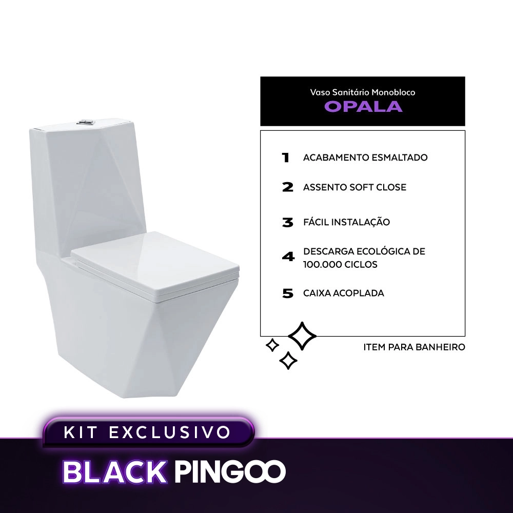 Kit Vaso Sanitário Monobloco Opala e Ducha Manual Jacuí Pingoo.casa - Branco e Preto