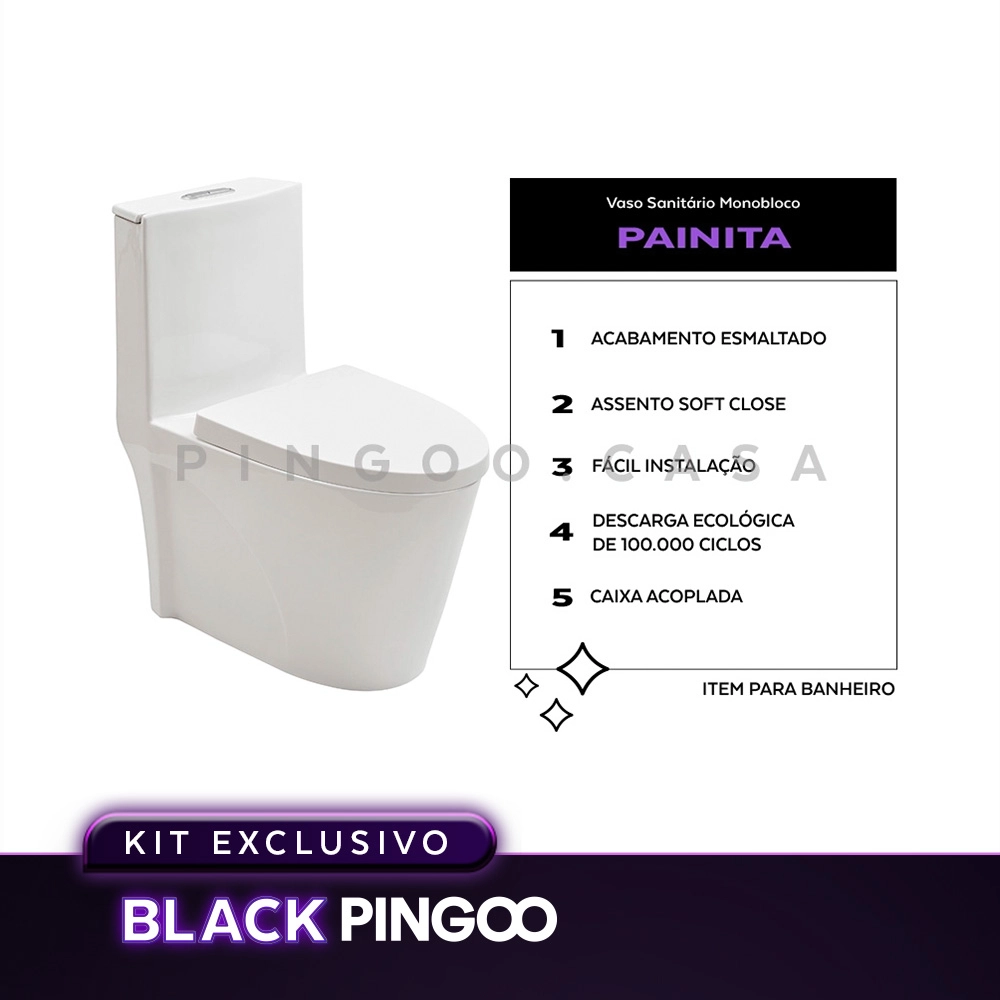 Kit Vaso Sanitário Monobloco Painita e Ducha Manual Jacuí Pingoo.casa - Branco e Prata